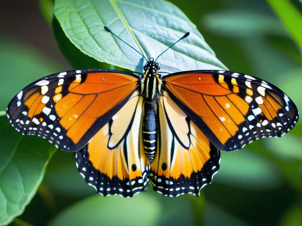 Una mariposa monarca emerge de su crisálida con alas brillantes y ligeramente arrugadas