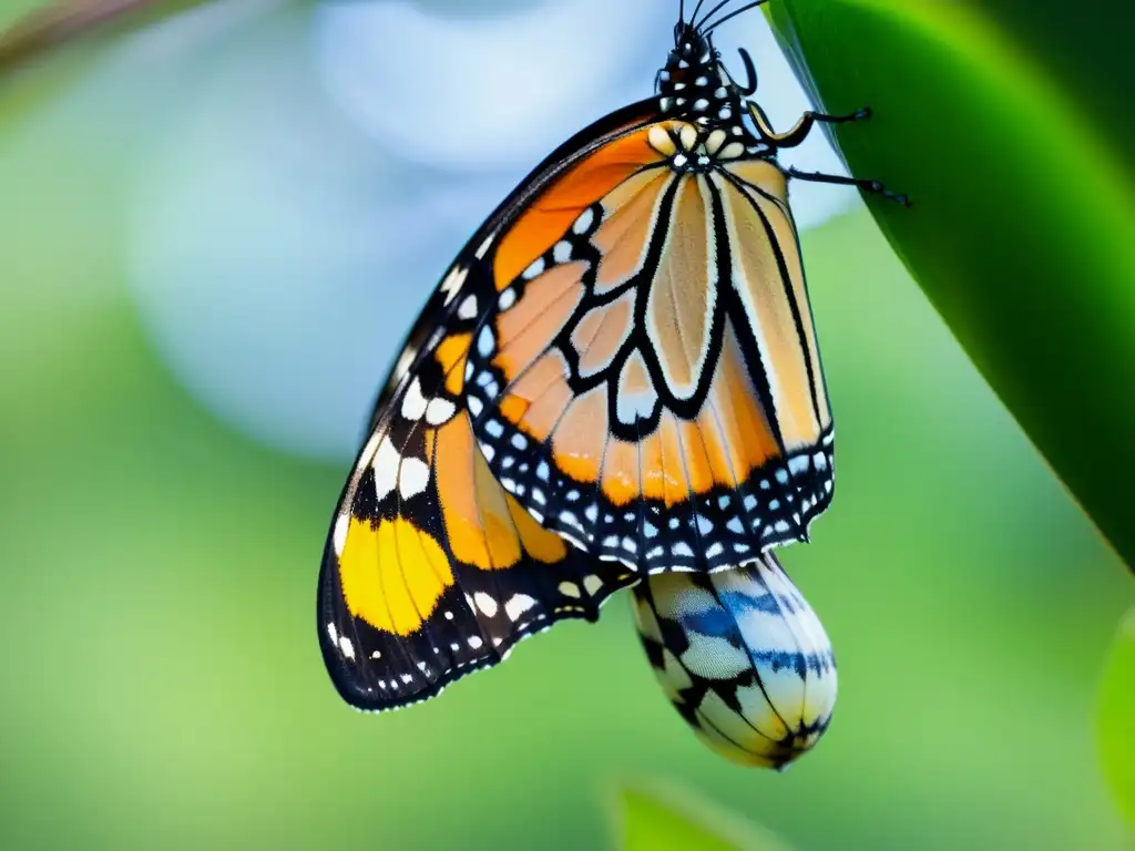 La mariposa monarca emerge de su crisálida, con alas húmedas y plisadas, mostrando su belleza en detalle