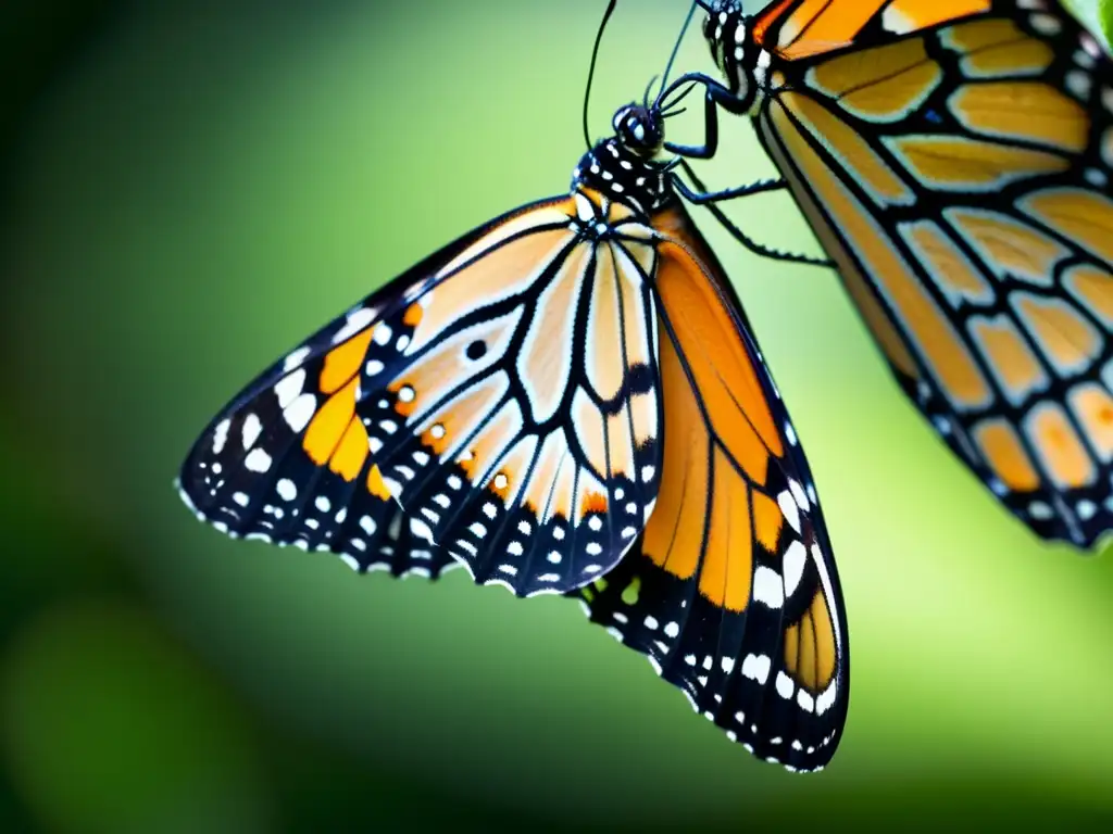 Una mariposa monarca emerge de su crisálida, mostrando sus alas naranjas y negras