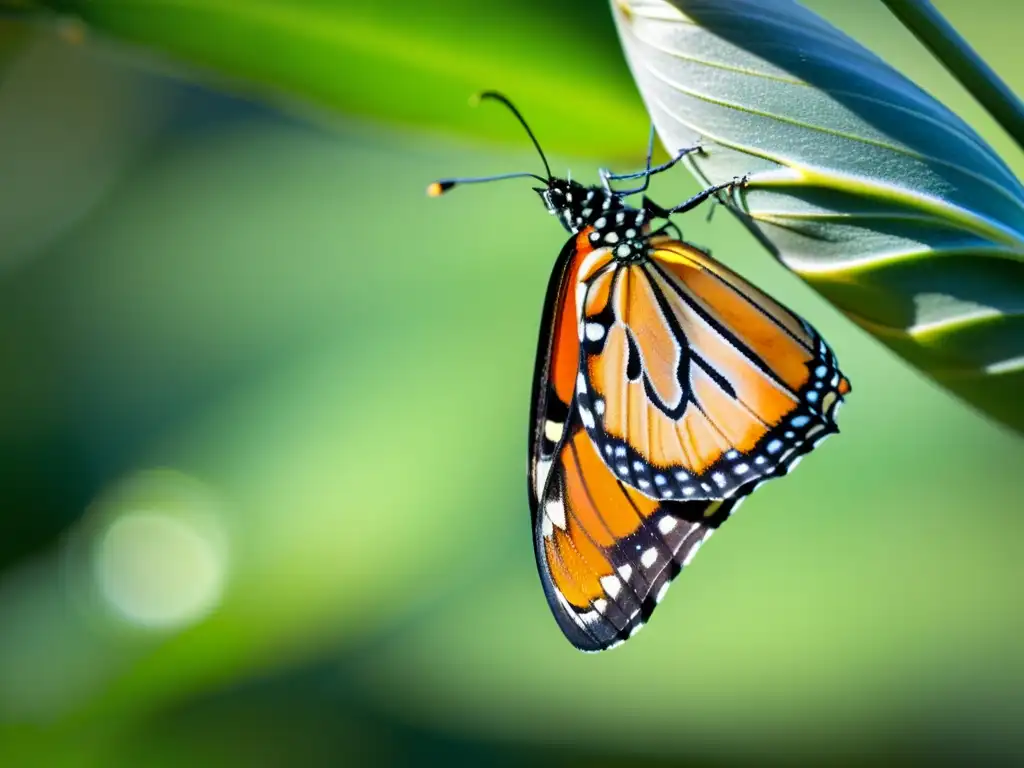 Una mariposa monarca emerge de su crisálida, desplegando sus alas delicadas y vibrantes bajo la luz del sol