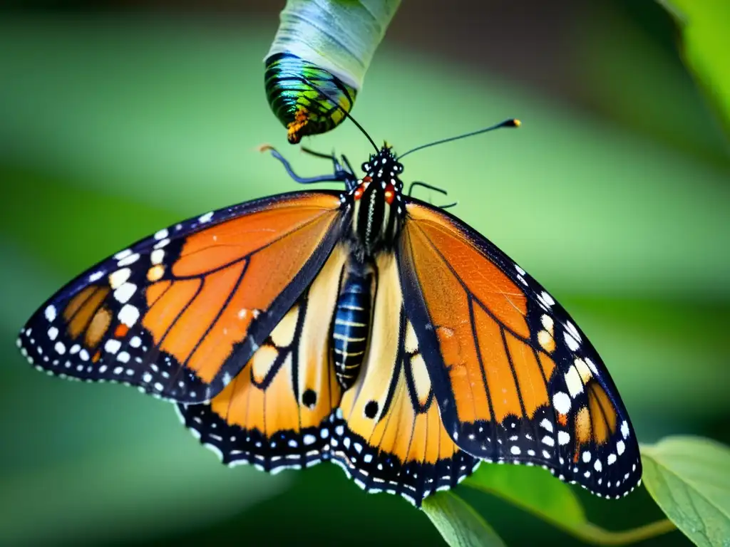 Una mariposa monarca emerge de su crisálida, desplegando sus alas con detalles vívidos