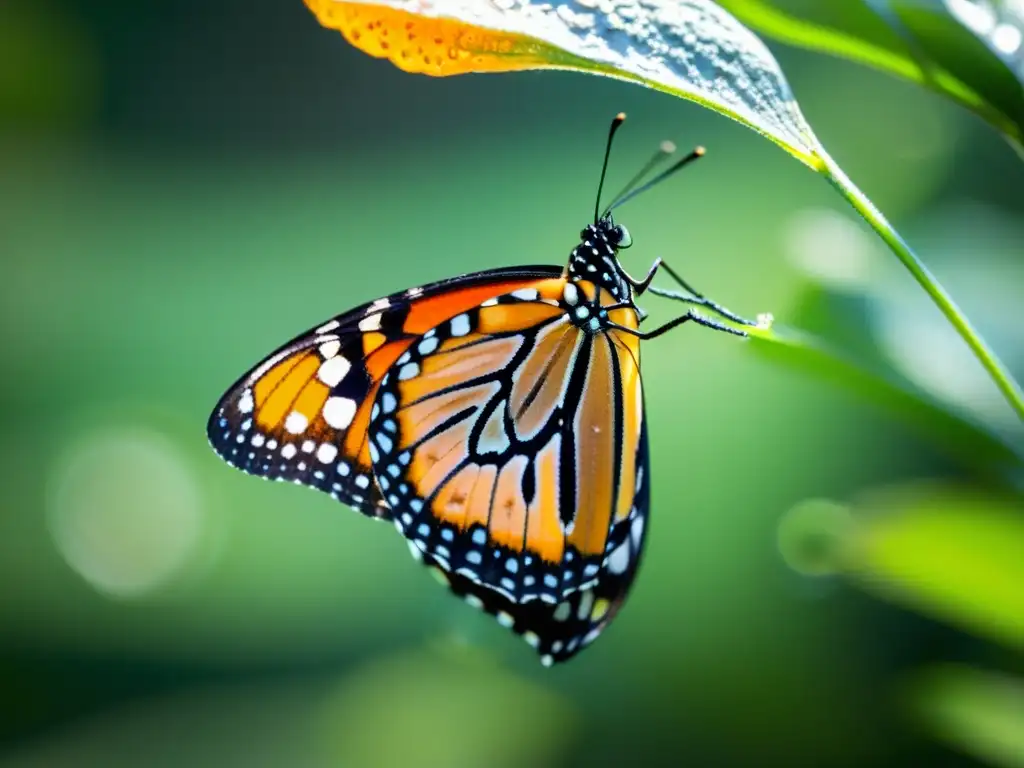 Una mariposa monarca emerge de su crisálida, desplegando sus alas delicadas y brillantes bajo la luz del sol