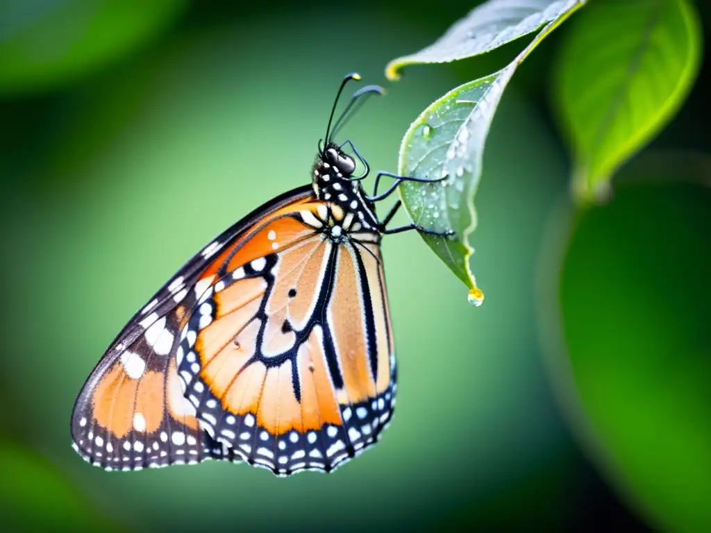 Una mariposa monarca emerge de su crisálida con delicadas alas y patrones brillantes