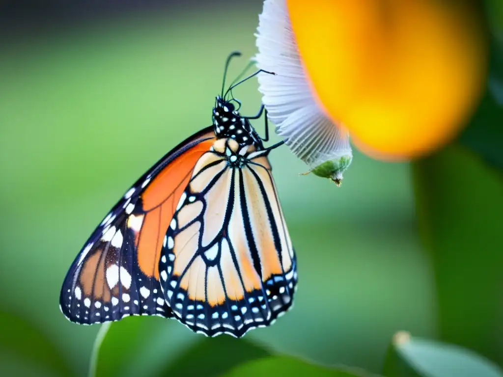 Una mariposa Monarca emerge de su crisálida, desplegando sus delicadas alas