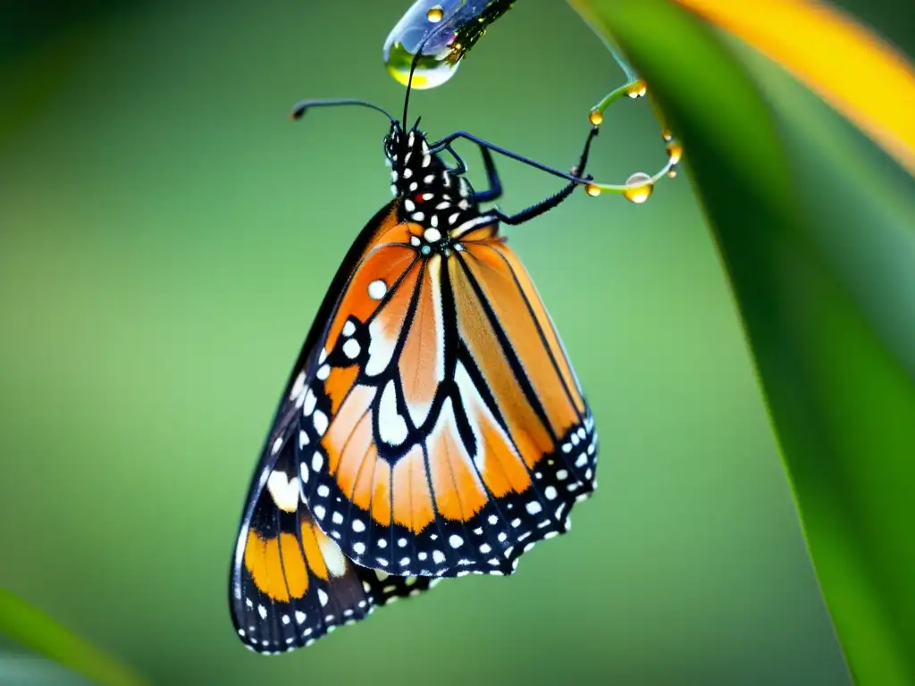 Una mariposa monarca emerge de su crisálida, desplegando sus delicadas alas naranjas y negras, con gotas de líquido en su cuerpo