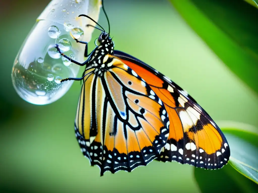 Una mariposa monarca emerge de su crisálida, desplegando sus delicadas alas