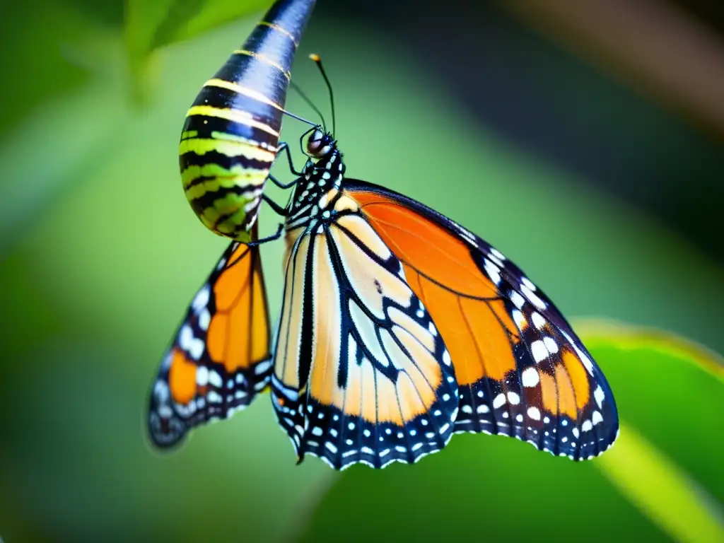 Una mariposa monarca emerge de su crisálida, desplegando sus delicadas alas