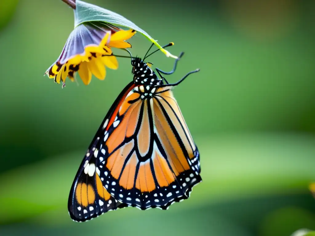 Una mariposa Monarca emerge de su crisálida, desplegando sus delicadas alas