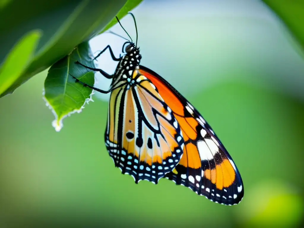 Una mariposa monarca emerge de su crisálida, desplegando sus delicadas alas transparentes antes de su primer vuelo