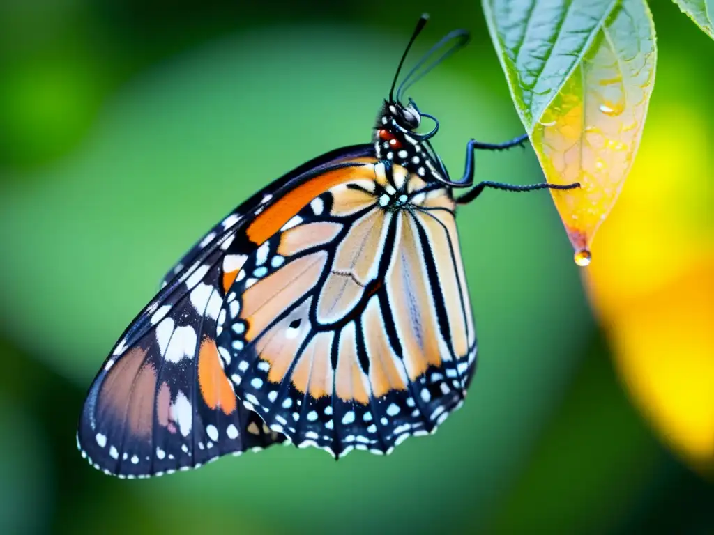 'Una mariposa monarca emergiendo de su crisálida con detalle y color, en un escenario brillante de gotas de rocío