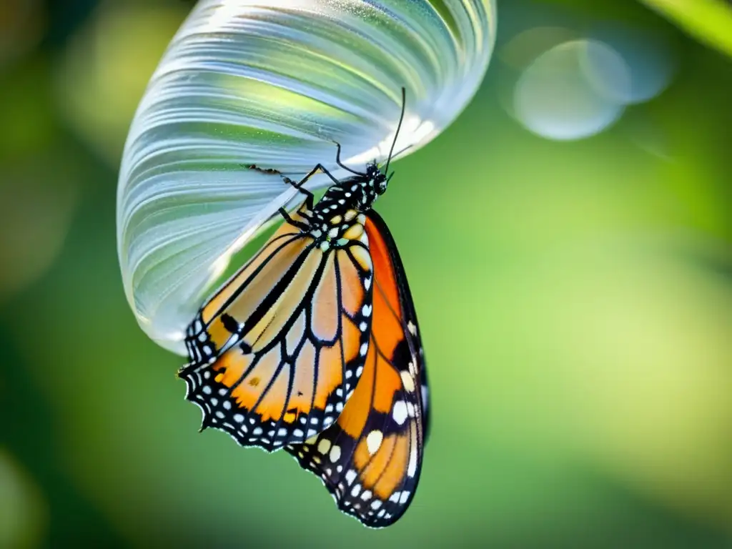 Maravillosa transformación de la mariposa monarca en su crisálida, resaltando la importancia ecológica de la metamorfosis de los insectos