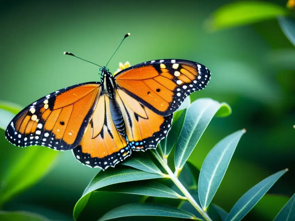 Una mariposa monarca detallada, con alas desplegadas, liba néctar en una planta verde vibrante