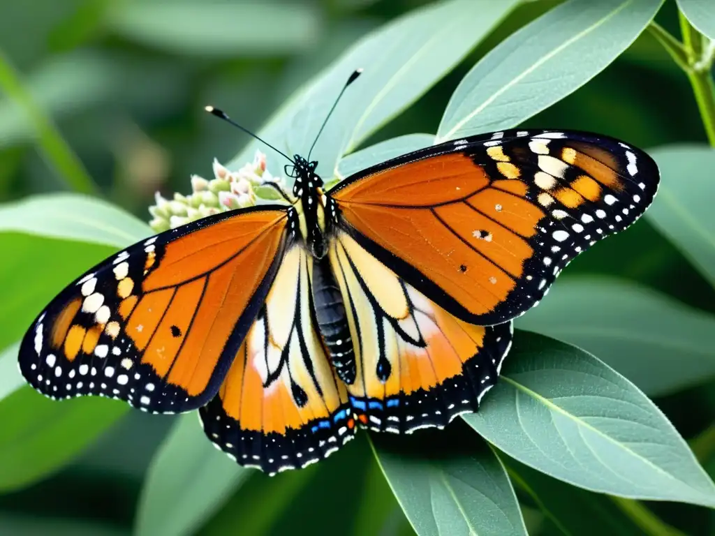 Una mariposa monarca detallada descansando en una planta de algodoncillo, con sus alas naranjas y negras desplegadas