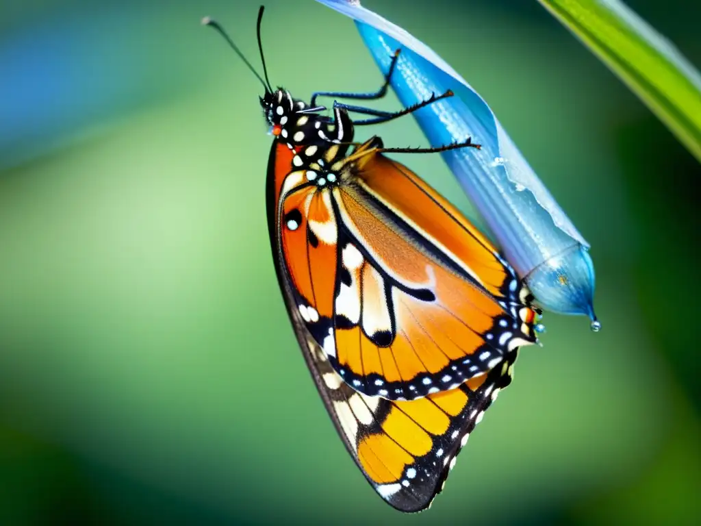 Una mariposa monarca recién emergida de su crisálida, con sus alas desplegándose y brillando con escamas azules y naranjas