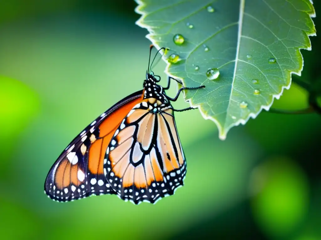 Una mariposa monarca recién emergida de su crisálida, con detalles delicados en sus alas y cuerpo