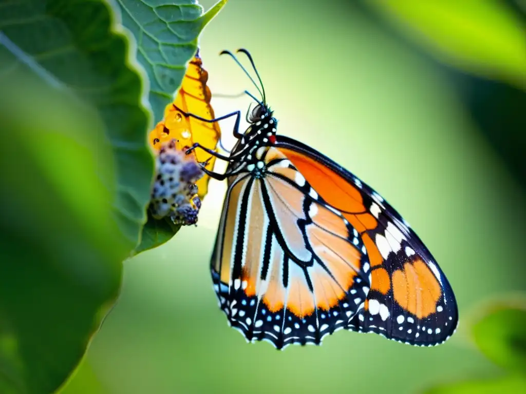 Una mariposa monarca recién emergida de su crisálida, desplegando sus alas con patrones detallados y texturas delicadas