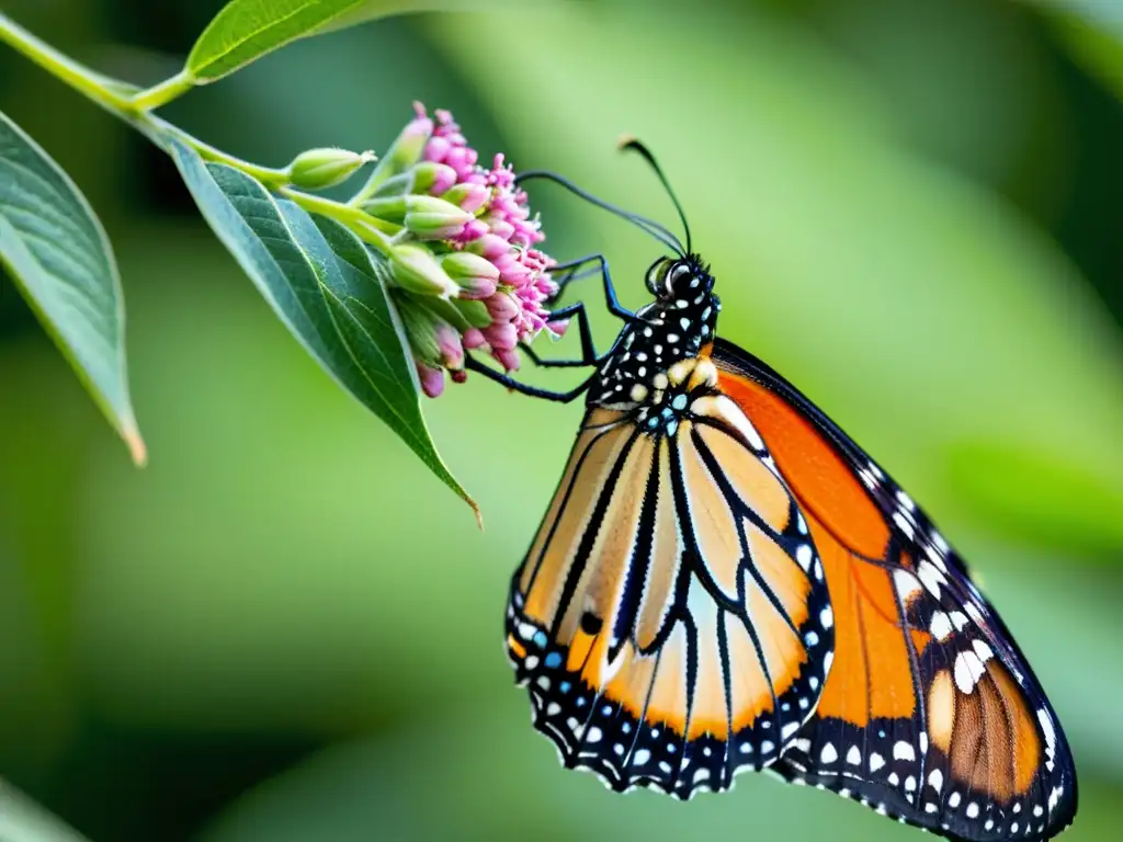 Una mariposa monarca delicadamente libando néctar de una flor de algodoncillo, con patrones vibrantes en alas naranjas y negras