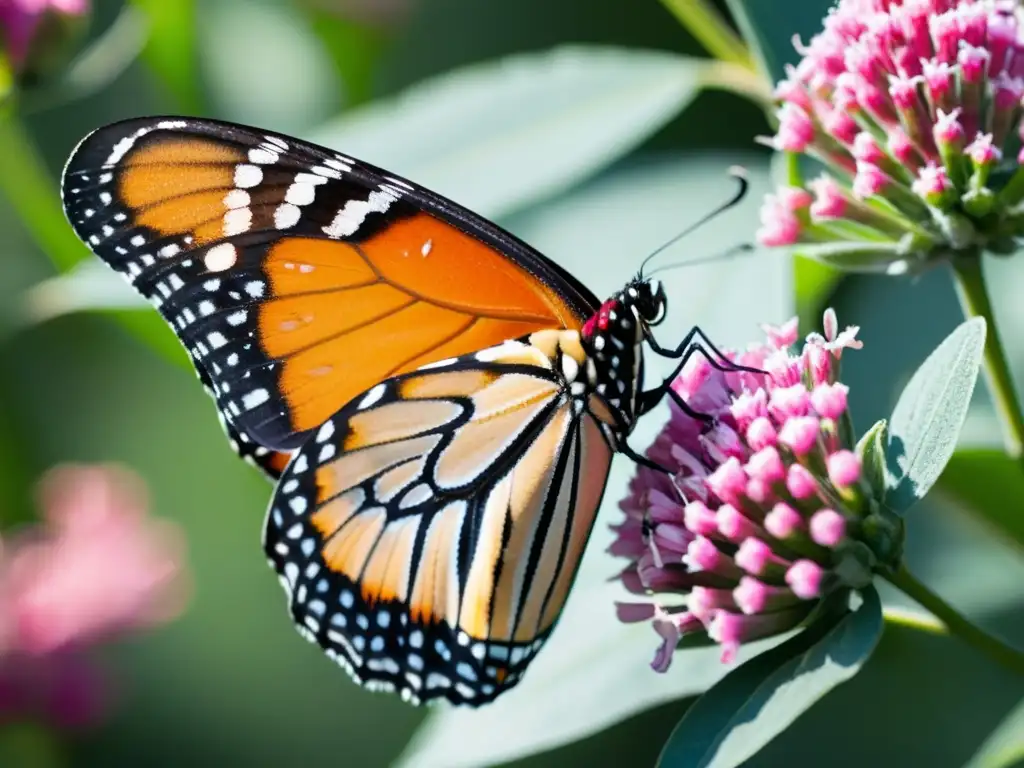 Una mariposa monarca descansa en una flor de algodoncillo rosa, mostrando sus detallados patrones y textura