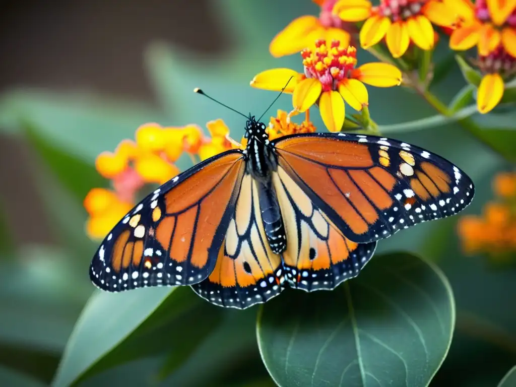 Una mariposa monarca en una flor de algodoncillo naranja, con sus delicados patrones alares y antenas, capturando la belleza natural en su hábitat