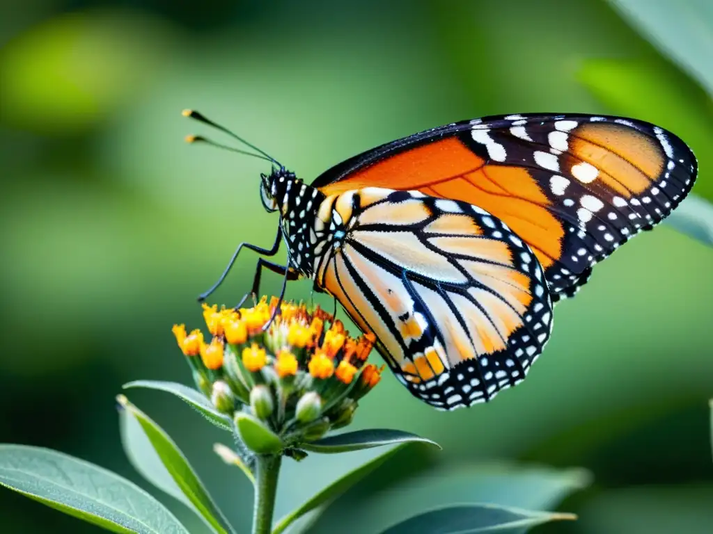 Una mariposa monarca descansa en una flor de algodoncillo, con sus alas desplegadas, mostrando sus detalles