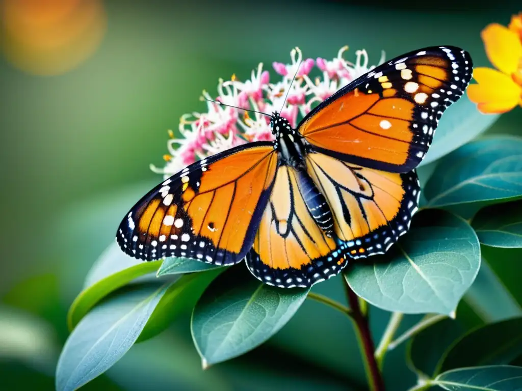 Una mariposa monarca descansa en una flor de algodoncillo, revelando sus alas delicadas con patrones y colores intrincados