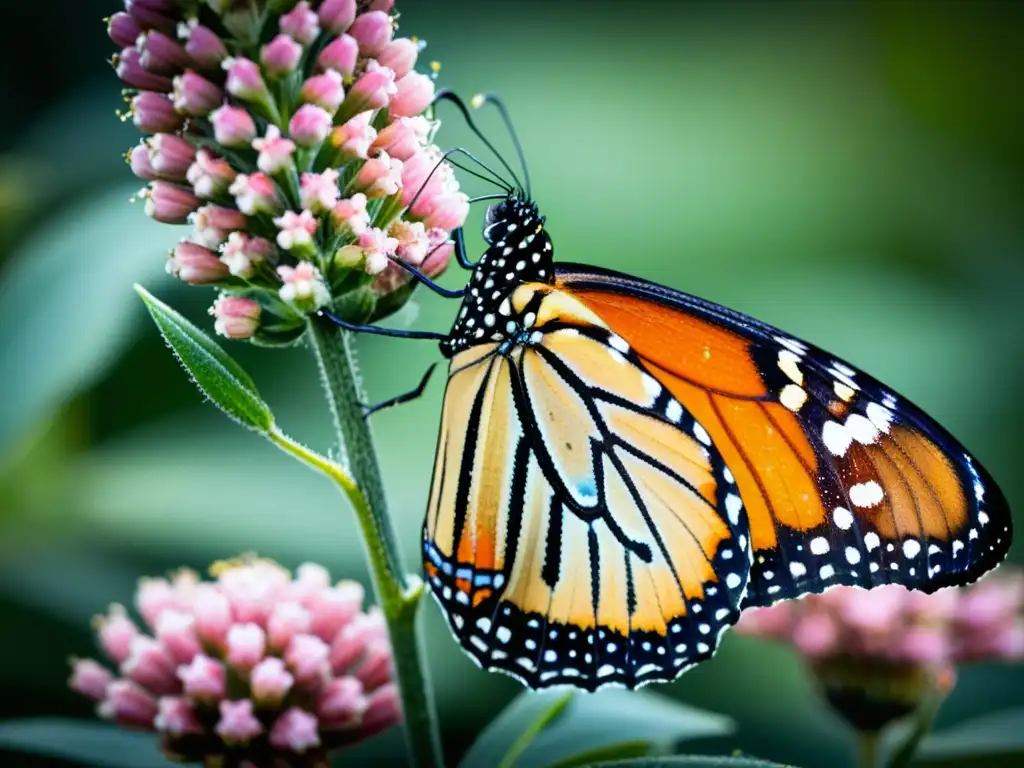 Una mariposa monarca descansa delicadamente en una flor de algodoncillo, mostrando sus patrones iridiscentes