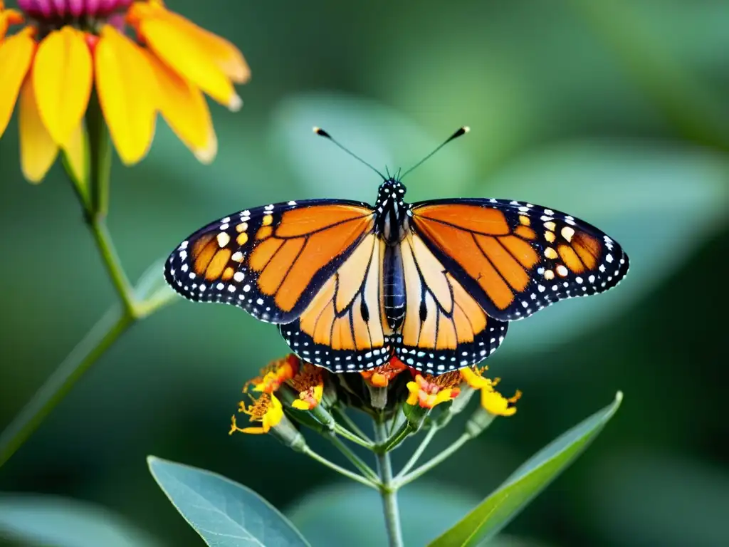 Una mariposa monarca descansa sobre una flor de algodoncillo, con detalles ultra definidos