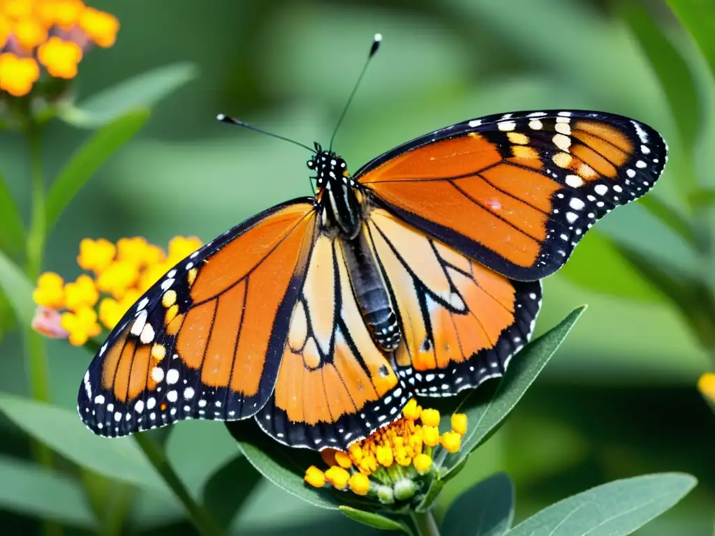 Una mariposa monarca descansa en una flor de algodoncillo