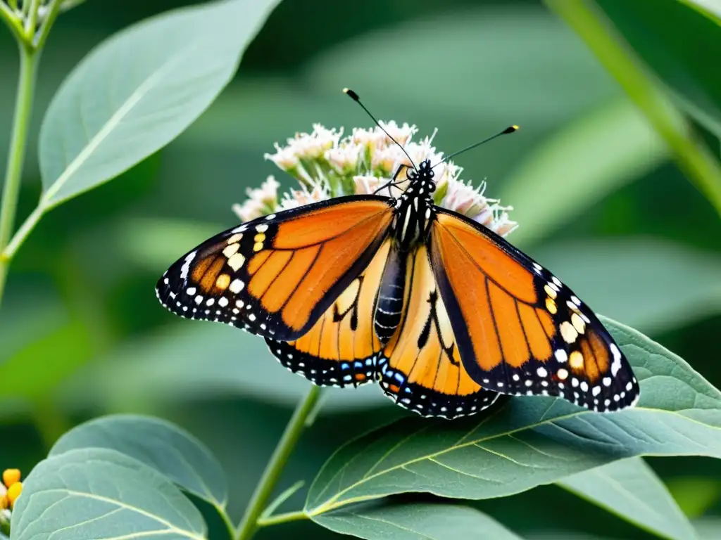 Una mariposa monarca bebiendo néctar de una flor de algodoncillo en un campo, con detalles ultrarrealistas y colores vibrantes