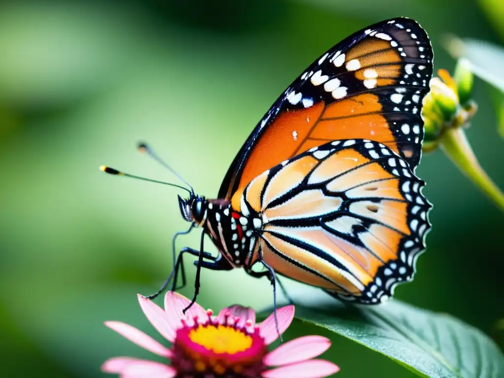 Una mariposa Monarca descansa en una flor rosa brillante, revelando sus intrincados patrones de escamas negras, naranjas y blancas