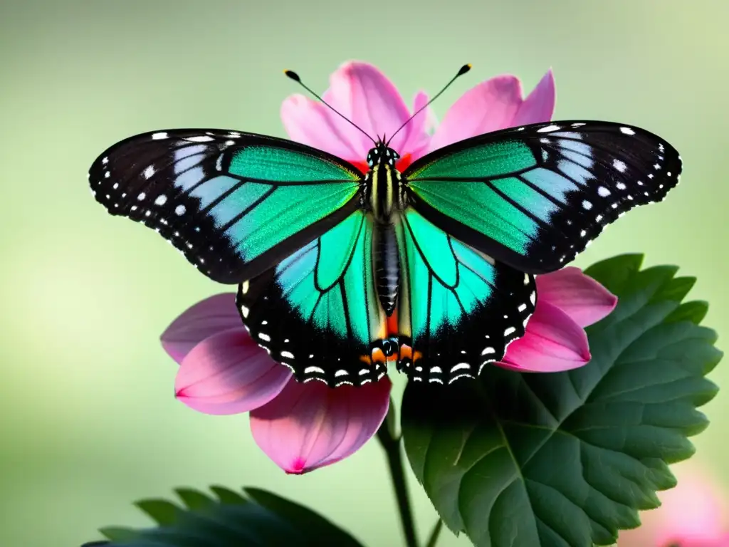 Una mariposa Monarca descansando en una flor rosa con detalles vibrantes