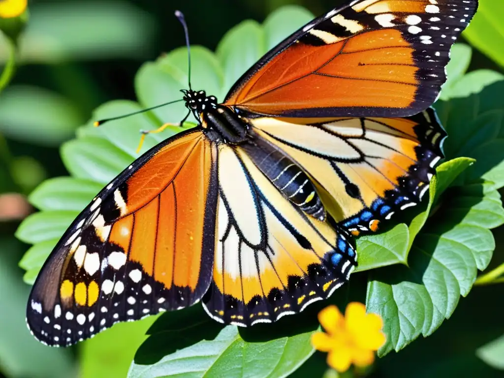 Una mariposa monarca descansa sobre una flor vibrante en un jardín para mariposas ecológico, con luz solar filtrada entre las hojas exuberantes