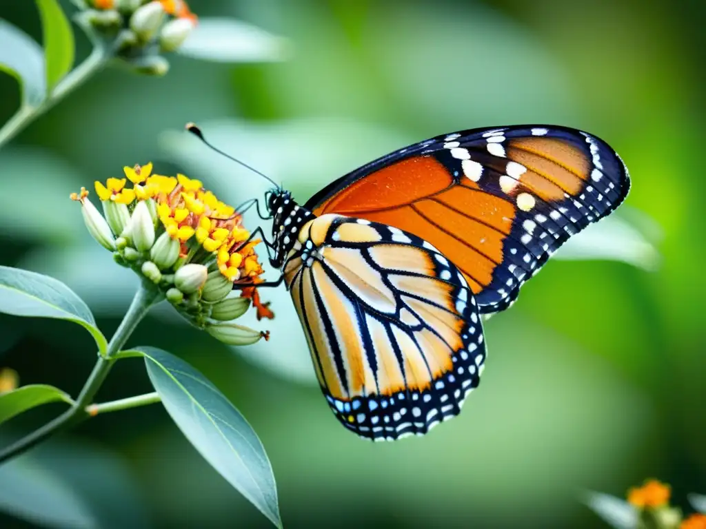 Una mariposa monarca disfrutando del néctar de flores de algodoncillo en un jardín para mariposas ecológico