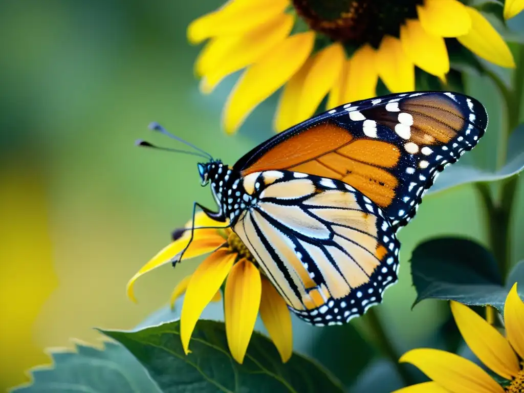 Una mariposa monarca descansa en un girasol amarillo, destacando la diversidad de insectos en un impactante jardín transgénico