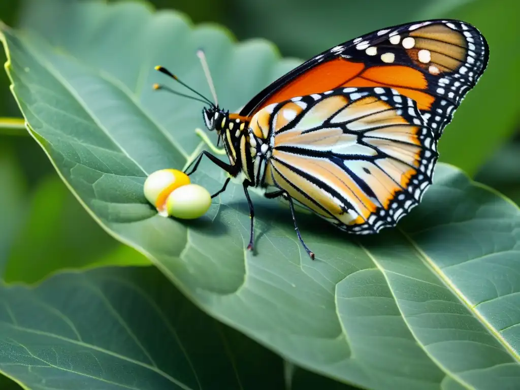 Una mariposa monarca deposita huevos en una hoja de algodoncillo, mostrando sus detallados patrones al sol