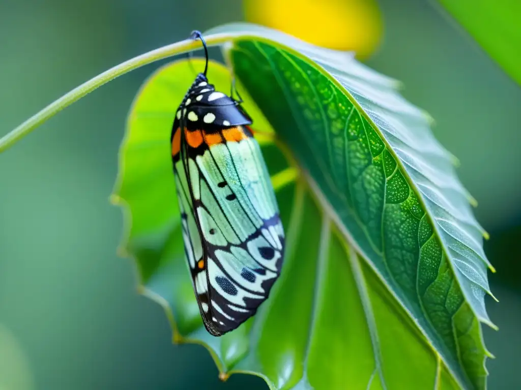 Una mariposa monarca en metamorfosis, su crisálida verdiazul con destellos dorados iluminados por suave luz solar