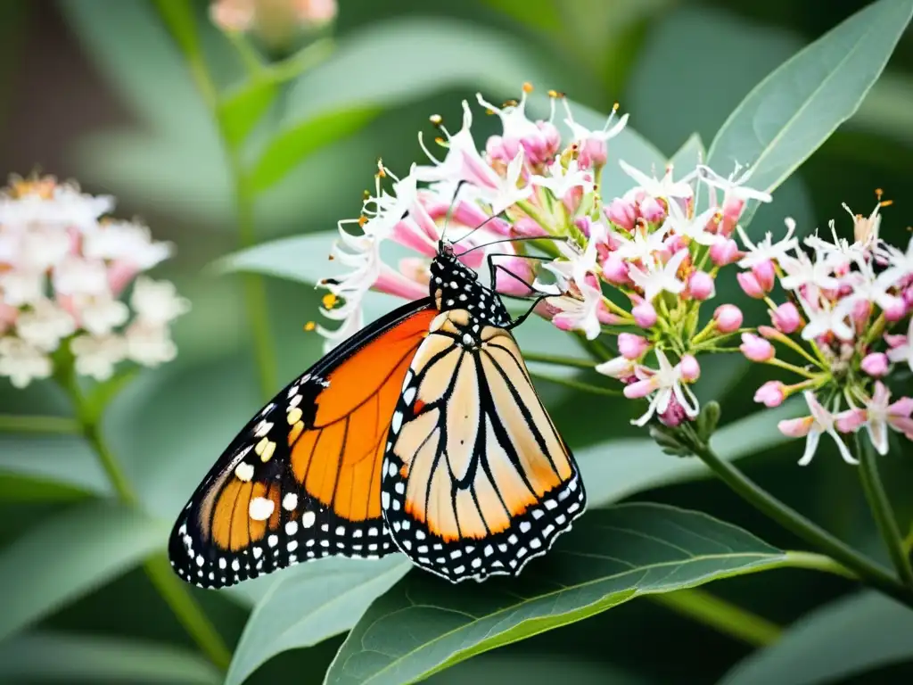 Una mariposa monarca multicolor bebiendo néctar de una planta de algodoncillo