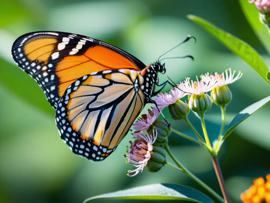 Mariposa Monarca: Belleza en Detalle Una mariposa monarca en peligro de extinción posada en una flor de algodoncillo, mostrando sus escamas naranjas y negras con un brillo iridiscente