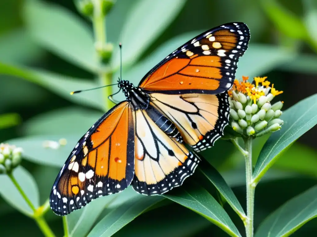 Una mariposa monarca reposa en una planta de algodoncillo, exhibiendo patrones intrincados en sus alas