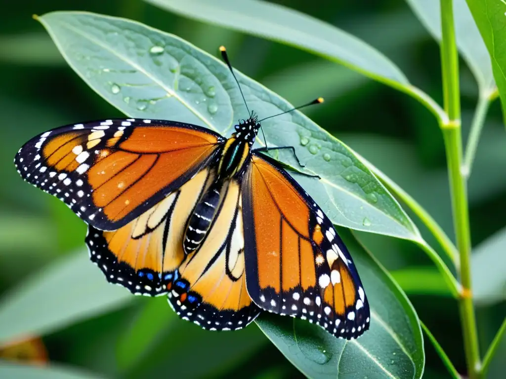 Una mariposa monarca descansando en una planta de algodoncillo, con sus alas detalladas y colores vibrantes