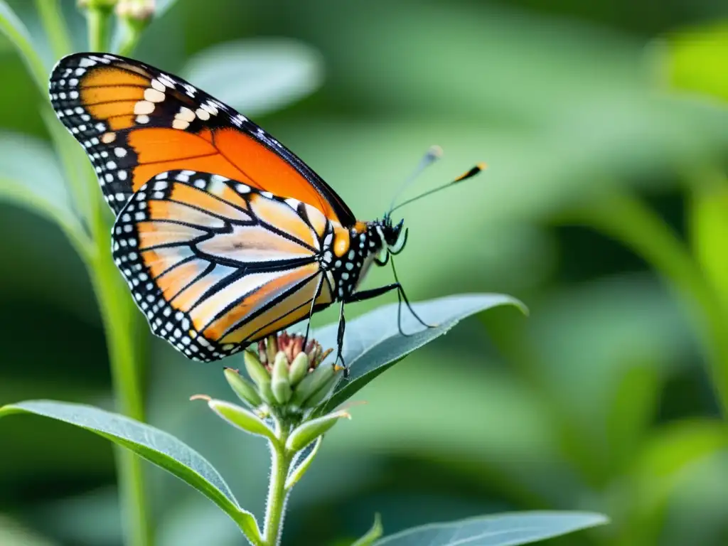 Una mariposa monarca descansa sobre una planta de algodoncillo, mostrando sus detalles y colores iridiscentes