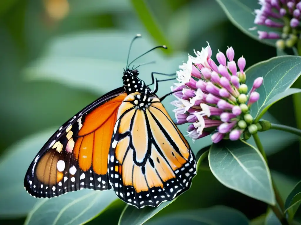 Una mariposa monarca descansa en una planta de algodoncillo púrpura, sus alas delicadas muestran patrones intrincados