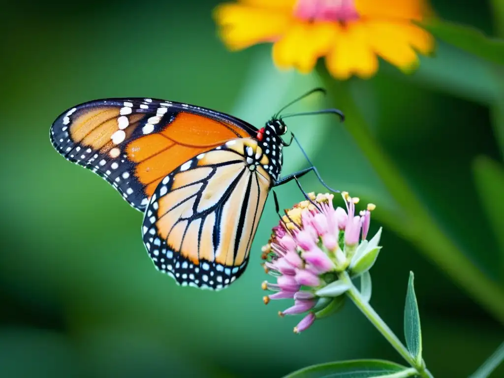 Una mariposa monarca en una planta de algodoncillo, resaltando la importancia de las subespecies de insectos en la naturaleza