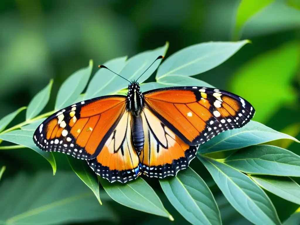 Una mariposa monarca descansa sobre una planta de algodoncillo, mostrando la belleza del papel ético de los insectos en su hábitat natural