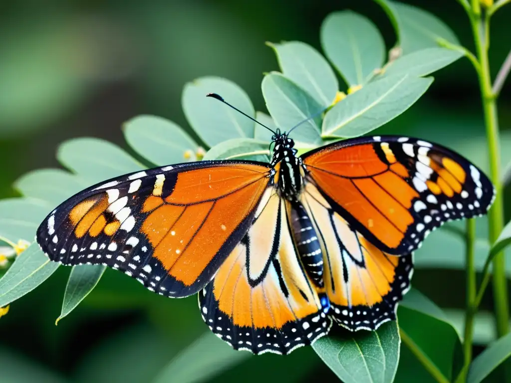 Una mariposa monarca descansa sobre una planta de algodoncillo vibrante, resaltando la belleza de las rutas migratorias de mariposas