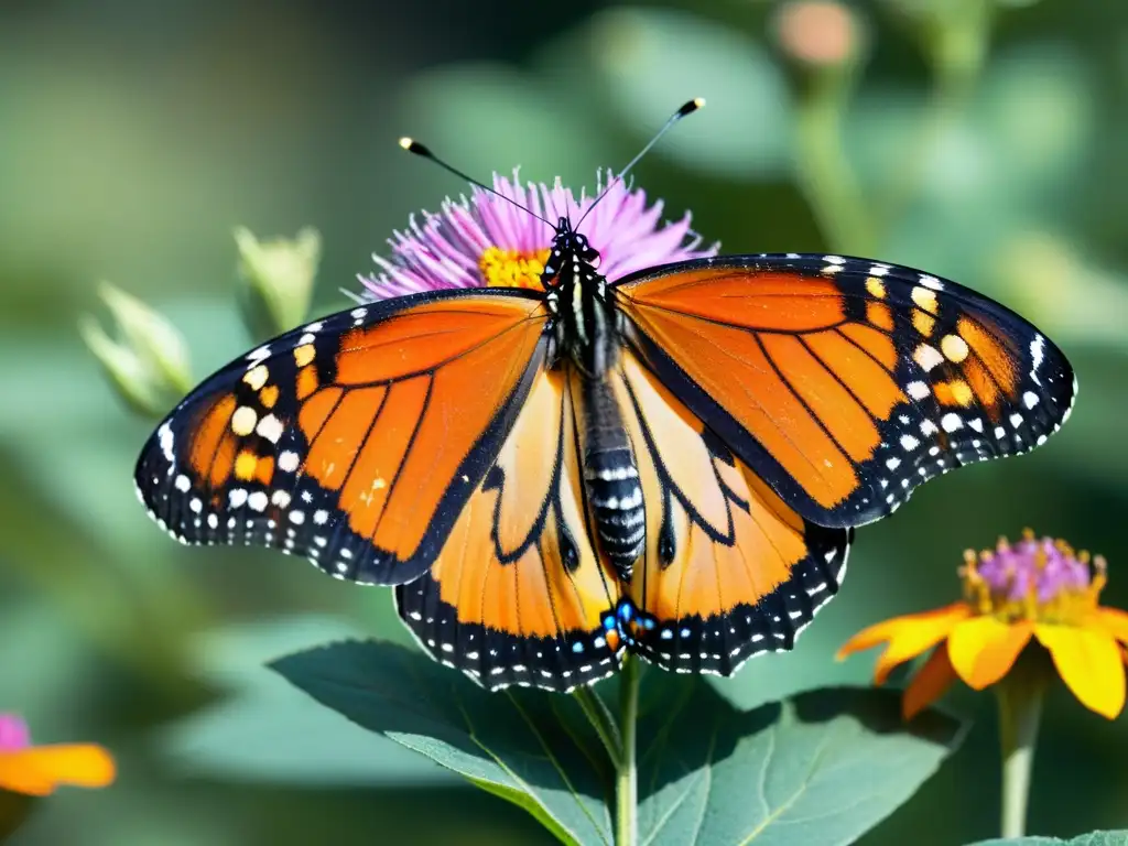 Una mariposa Monarca en pleno vuelo, desplegando sus alas naranjas y negras con detalle