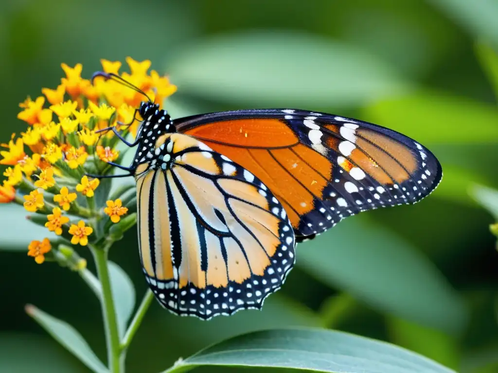 Una mariposa monarca posada en una flor de algodoncillo naranja, desplegando sus delicadas alas con patrones de escamas negras, naranjas y blancas