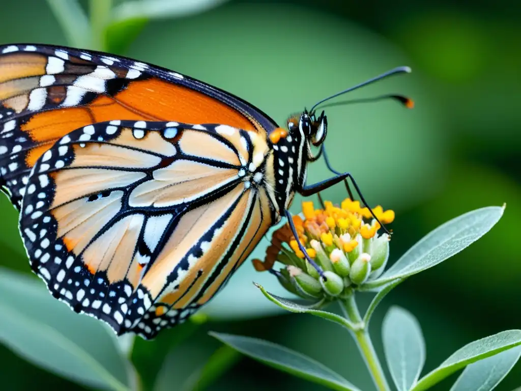 Una mariposa Monarca posada en una flor de algodoncillo, revelando la belleza y fragilidad de las rutas migratorias de mariposas