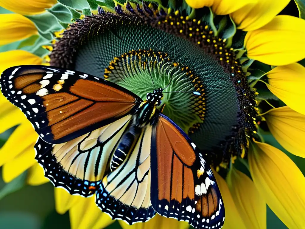 Una mariposa monarca posada en un girasol transgénico, destacando la coexistencia de biodiversidad y tecnología