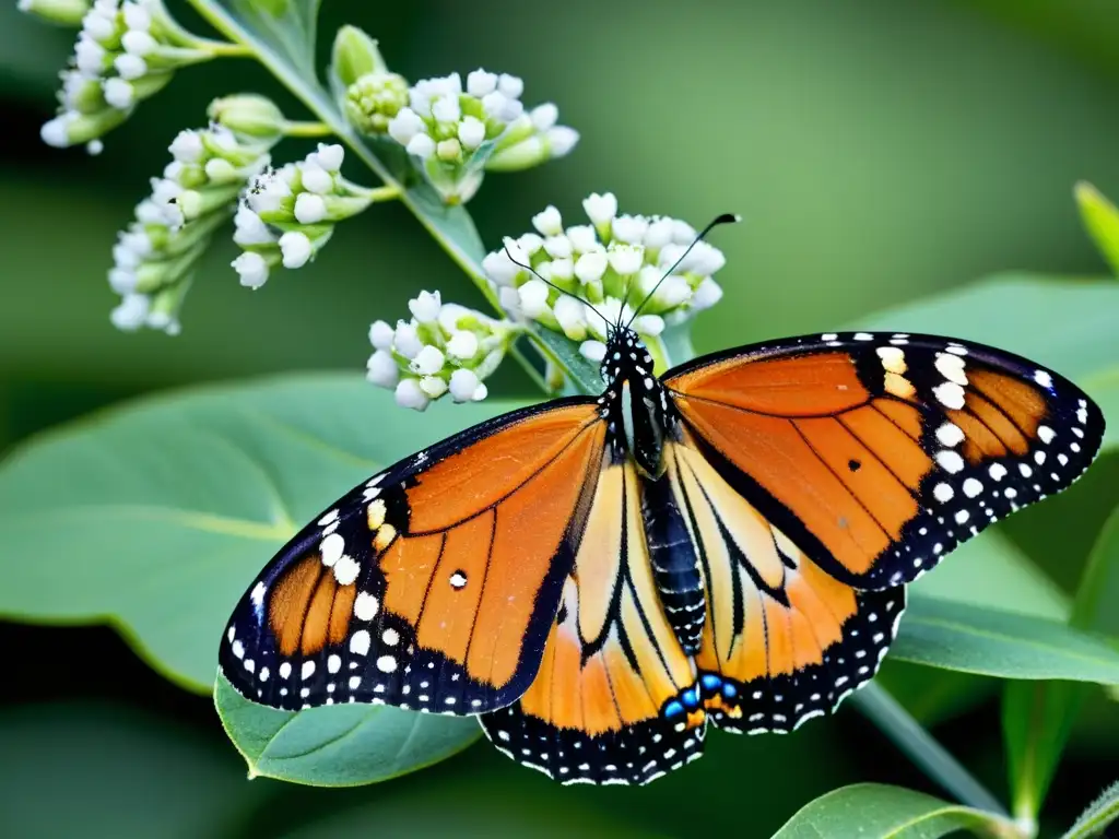 Una mariposa monarca vibrante y detallada en una flor de algodoncillo, con gotas de rocío